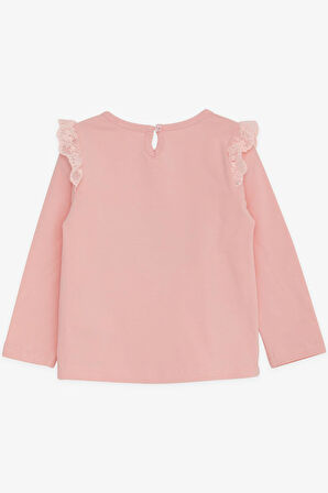 Breeze Kız Bebek Uzun Kollu Tişört Danscı Kız Baskılı Güpürlü 9 Ay-3 Yaş, Pudra