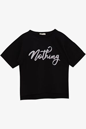 Breeze Kız Çocuk Tişört Taşlı Yazı Baskılı 9-16 Yaş, Siyah