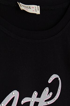 Breeze Kız Çocuk Tişört Taşlı Yazı Baskılı 9-16 Yaş, Siyah