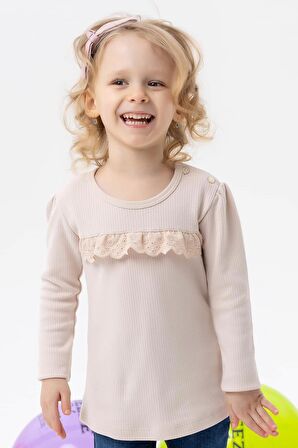 Breeze Kız Çocuk Uzun Kollu Tişört Güpürlü 1-4 Yaş, Bej