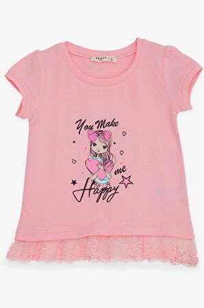 Breeze Kız Çocuk Tişört Sevimli Kız Baskılı Beli Güpürlü 1-4 Yaş, Pembe