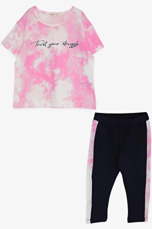 Breeze Kız Çocuk Kapri Taytlı Takım Batik Desenli Yazı Baskılı 8-14 Yaş, Pembe