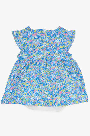 Breeze Kız Bebek Elbise Zıbınlı Çiçek Desenli Fiyonklu 9 Ay-3 Yaş, Mavi