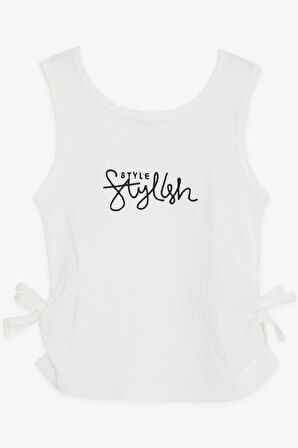 Breeze Kız Çocuk Askılı Tişört Yazı Nakışlı Yanları Fiyonklu 8-14 Yaş, Beyaz