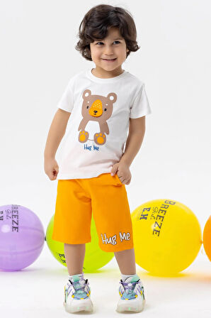 Breeze Erkek Bebek Şortlu Takım Ayıcık Baskılı Burnu Hareketli 9 Ay-3 Yaş, Ekru