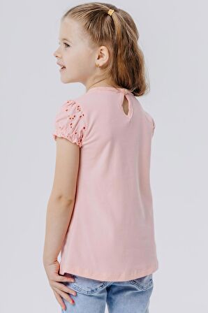 Breeze Kız Çocuk Tişört Güpürlü Aksesuarlı 5-10 Yaş, Somon