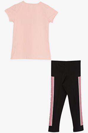 Breeze Kız Çocuk Taytlı Takım Taşlı Yazı Baskılı 5-10 Yaş, Somon