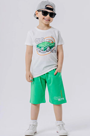 Breeze Girls & Boys Erkek Çocuk Şortlu Takım Antika Araba Temalı 1.5-5 Yaş, Ekru