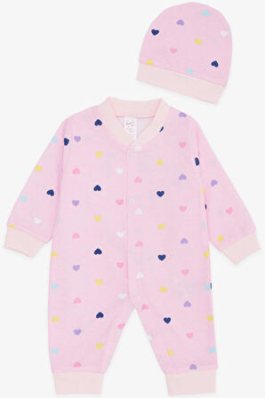 Breeze Kız Bebek Tulum Renkli Kalp Desenli 0-3 Ay-6 Ay, Pembe