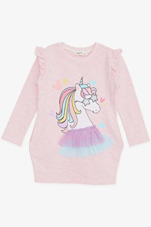 BREEZE Kız Çocuk Uzun Kollu Elbise Unicorn Baskılı 1.5-5 Yaş, Somon Melanj