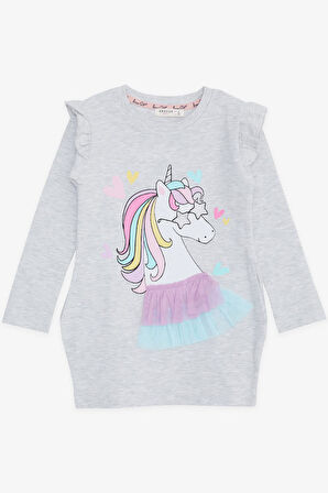 Breeze Kız Çocuk Uzun Kollu Elbise Unicorn Baskılı 1.5-5 Yaş, Açık Gri Melanj