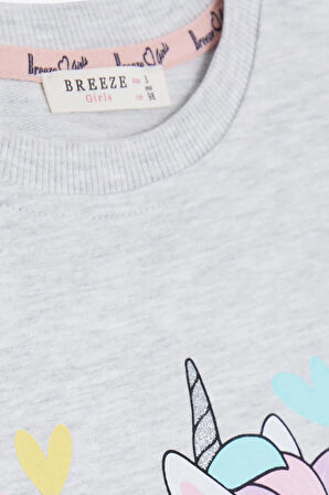 Breeze Kız Çocuk Uzun Kollu Elbise Unicorn Baskılı 1.5-5 Yaş, Açık Gri Melanj