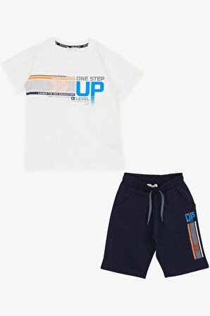 BREEZE GİRLS & BOYS Erkek Çocuk Şortlu Takım Yazı Baskılı Desenli 8-12 Yaş, Ekru