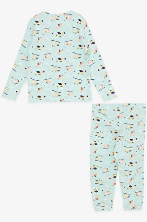 BREEZE Kız Çocuk Pijama Takımı Renkli Helikopter Desenli 1.5-5 Yaş, Su Yeşili