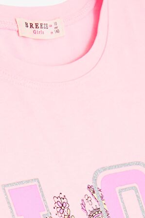 Breeze Kız Çocuk Tişört Simli Yazı Çiçek Baskılı 10-16 Yaş, Neon Pembe