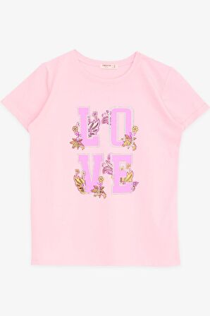 Breeze Kız Çocuk Tişört Simli Yazı Çiçek Baskılı 10-16 Yaş, Neon Pembe