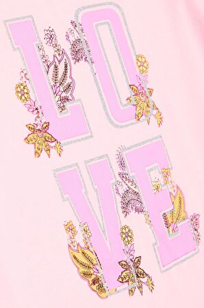 Breeze Kız Çocuk Tişört Simli Yazı Çiçek Baskılı 10-16 Yaş, Neon Pembe