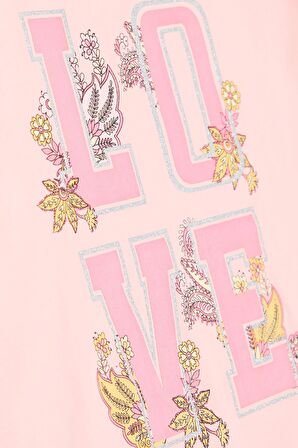 Breeze Kız Çocuk Tişört Simli Yazı Çiçek Baskılı 10-16 Yaş, Somon