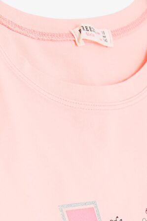 Breeze Kız Çocuk Tişört Simli Yazı Çiçek Baskılı 10-16 Yaş, Somon