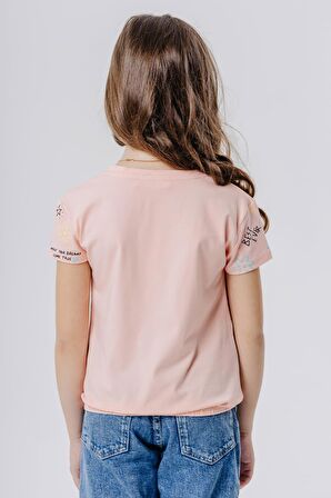 BREEZE Kız Çocuk Tişört Renkli Yazı Baskılı Rüya Temalı 5-10 Yaş, Somon