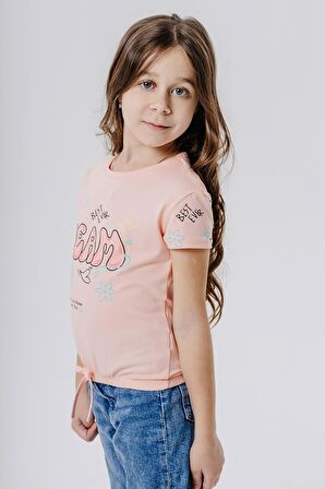 BREEZE Kız Çocuk Tişört Renkli Yazı Baskılı Rüya Temalı 5-10 Yaş, Somon