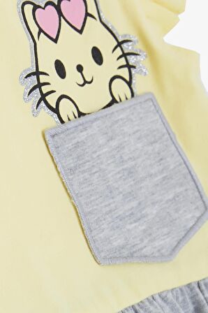 BREEZE Kız Çocuk Elbise Cepli Simli Kedicik Baskılı 1.5-5 Yaş, Sarı
