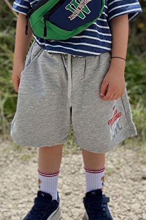 Breeze Girls & Boys Erkek Çocuk Şort Yazı Baskılı Bağcıklı Cepli 3-7 Yaş, Açık Gri Melanj