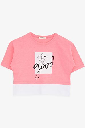 BREEZE Kız Çocuk Crop Tişört Yazı Baskılı Yanları Yırtmaçlı 9-14 Yaş, Neon Pembe