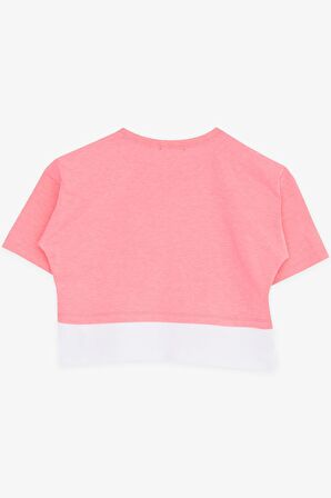 BREEZE Kız Çocuk Crop Tişört Yazı Baskılı Yanları Yırtmaçlı 9-14 Yaş, Neon Pembe