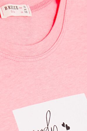 BREEZE Kız Çocuk Crop Tişört Yazı Baskılı Yanları Yırtmaçlı 9-14 Yaş, Neon Pembe