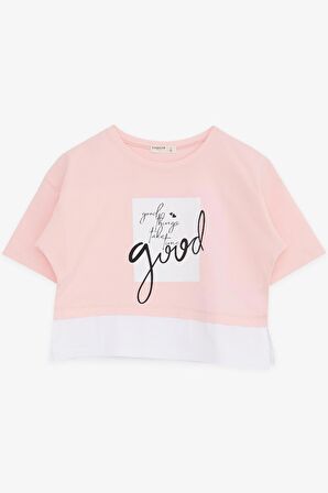 BREEZE Kız Çocuk Crop Tişört Yazı Baskılı Yanları Yırtmaçlı 9-14 Yaş, Pembe