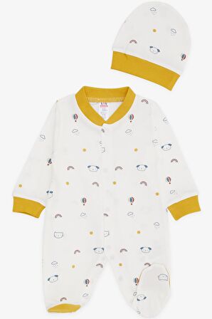 Breeze Erkek Bebek Patikli Tulum Gökyüzü Temalı Hayvancık Desenli 0-3 Ay-6 Ay, Ekru