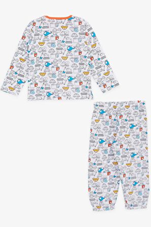 BREEZE GİRLS & BOYS Erkek Bebek Pijama Takımı Taşıt Desenli 9 Ay-3 Yaş, Beyaz