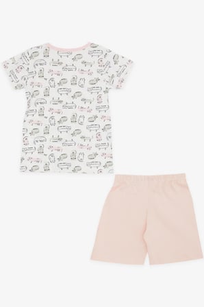 Breeze Kız Bebek Şortlu Pijama Takımı Kedicik Desenli 9 Ay-3 Yaş, Beyaz