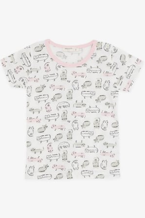Breeze Kız Bebek Şortlu Pijama Takımı Kedicik Desenli 9 Ay-3 Yaş, Beyaz