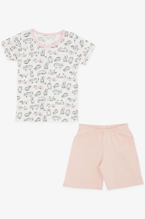 BREEZE Kız Bebek Şortlu Pijama Takımı Kedicik Desenli 9 Ay-3 Yaş, Beyaz