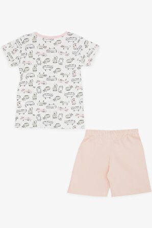 BREEZE Kız Bebek Şortlu Pijama Takımı Kedicik Desenli 9 Ay-3 Yaş, Beyaz