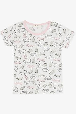 BREEZE Kız Bebek Şortlu Pijama Takımı Kedicik Desenli 9 Ay-3 Yaş, Beyaz