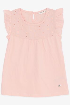 BREEZE Kız Çocuk Tişört Fırfırlı Nakışlı 4-8 Yaş, Somon