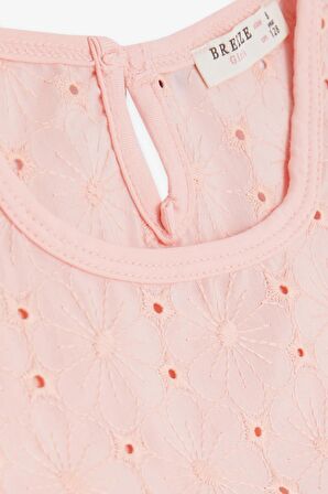 BREEZE Kız Çocuk Tişört Fırfırlı Nakışlı 4-8 Yaş, Somon