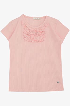 Breeze Kız Çocuk Tişört Güpürlü Fitilli 4-8 Yaş, Somon