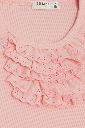 Breeze Kız Çocuk Tişört Güpürlü Fitilli 4-8 Yaş, Somon