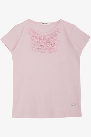 Breeze Kız Çocuk Tişört Güpürlü Fitilli 4-8 Yaş, Pembe