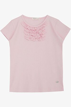 Breeze Kız Çocuk Tişört Güpürlü Fitilli 4-8 Yaş, Pembe