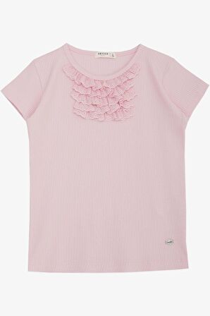 Breeze Kız Çocuk Tişört Güpürlü Fitilli 4-8 Yaş, Pembe