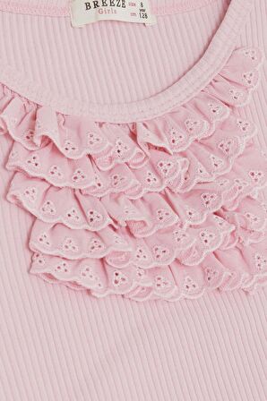 Breeze Kız Çocuk Tişört Güpürlü Fitilli 4-8 Yaş, Pembe