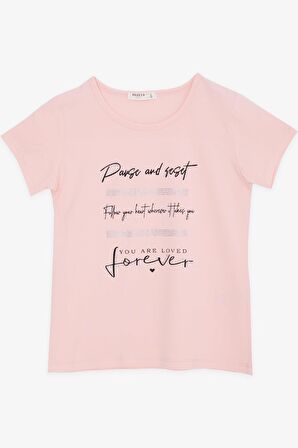 BREEZE Kız Çocuk Tişört Taşlı Yazı Baskılı 8-14 Yaş, Somon