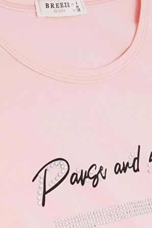 BREEZE Kız Çocuk Tişört Taşlı Yazı Baskılı 8-14 Yaş, Somon