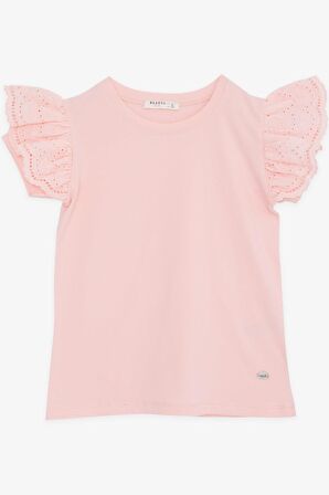 Breeze Kız Çocuk Tişört Kolları Nakış Güpürlü 6-12 Yaş, Somon