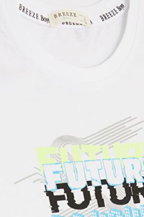 BREEZE GİRLS & BOYS Erkek Çocuk Tişört Renkli Yazı Baskılı 8-14 Yaş, Beyaz